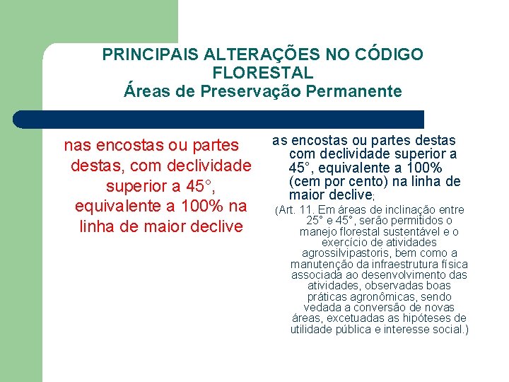 PRINCIPAIS ALTERAÇÕES NO CÓDIGO FLORESTAL Áreas de Preservação Permanente nas encostas ou partes destas,