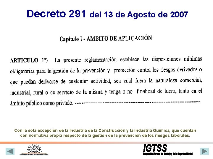 Decreto 291 del 13 de Agosto de 2007 Con la sola excepción de la