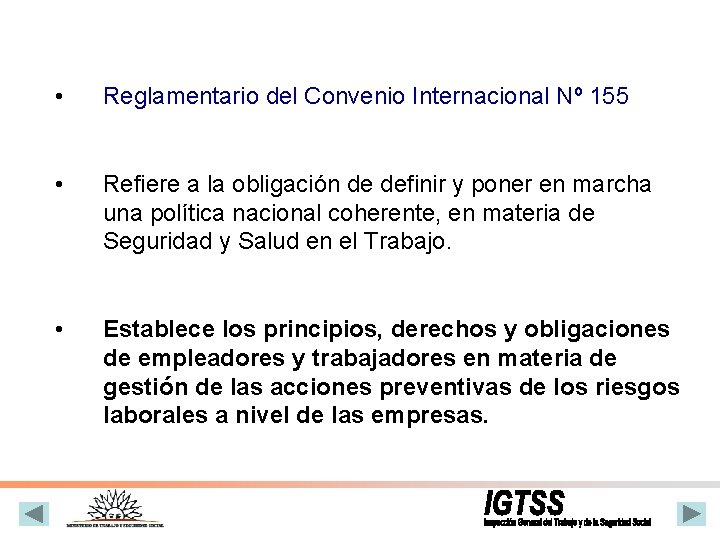  • Reglamentario del Convenio Internacional Nº 155 • Refiere a la obligación de