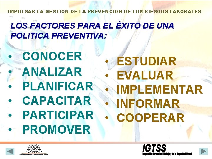 IMPULSAR LA GESTION DE LA PREVENCION DE LOS RIESGOS LABORALES LOS FACTORES PARA EL