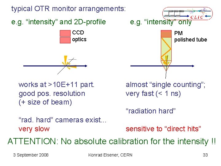 typical OTR monitor arrangements: e. g. “intensity” and 2 D-profile e. g. “intensity” only