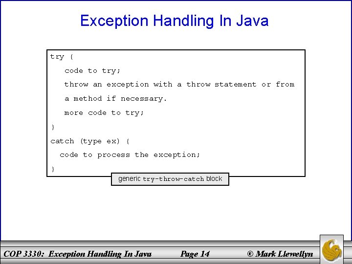 Exception Handling In Java try { code to try; throw an exception with a