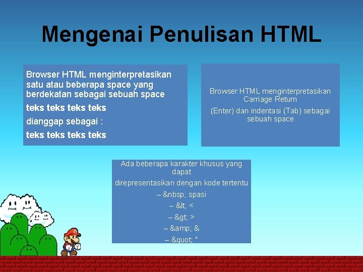 Mengenai Penulisan HTML Browser HTML menginterpretasikan satu atau beberapa space yang berdekatan sebagai sebuah