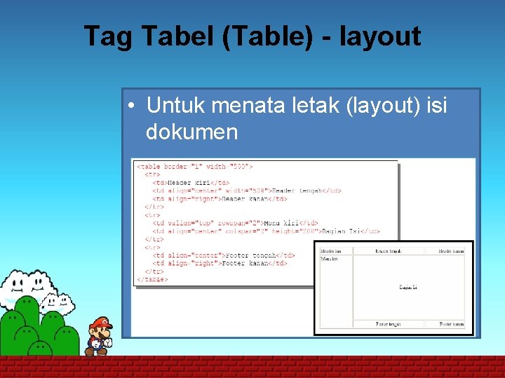 Tag Tabel (Table) - layout • Untuk menata letak (layout) isi dokumen 