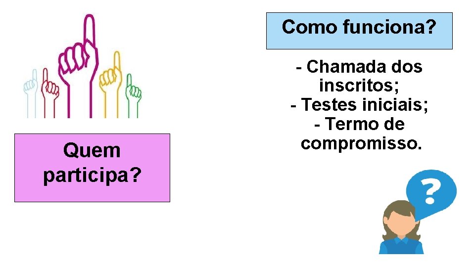 Como funciona? Quem participa? - Chamada dos inscritos; - Testes iniciais; - Termo de