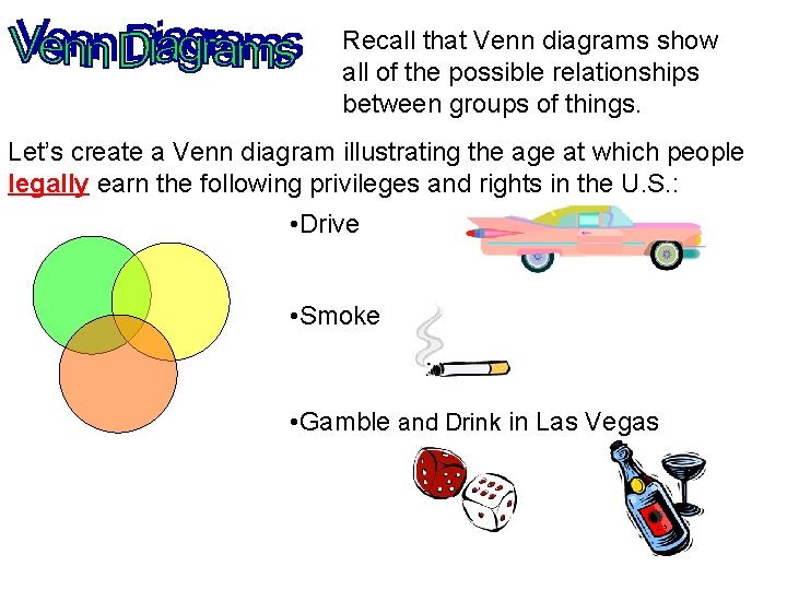 Recall that Venn diagrams show all of the possible relationships between groups of things.