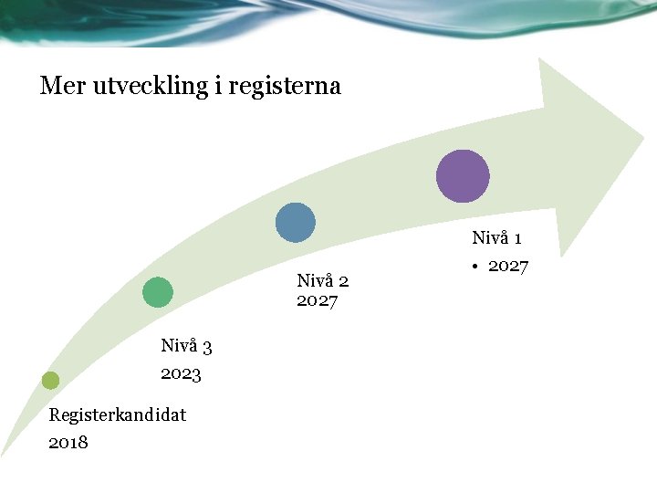Mer utveckling i registerna Nivå 2 2027 Nivå 3 2023 Registerkandidat 2018 Nivå 1
