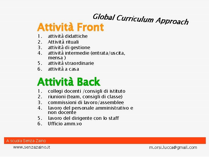 Global Curriculum Attività Front 1. 2. 3. 4. 5. 6. Approach attività didattiche Attività
