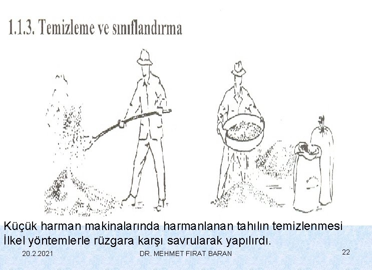Küçük harman makinalarında harmanlanan tahılın temizlenmesi İlkel yöntemlerle rüzgara karşı savrularak yapılırdı. 20. 2.