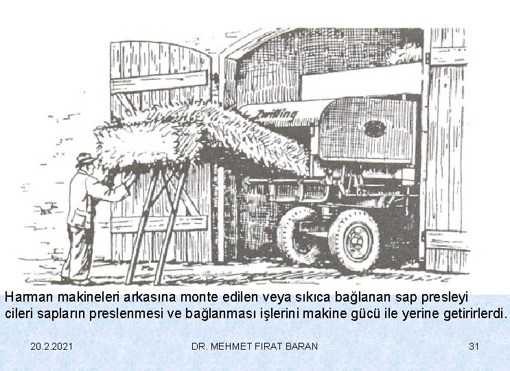 Harman makineleri arkasına monte edilen veya sıkıca bağlanan sap presleyi cileri sapların preslenmesi ve