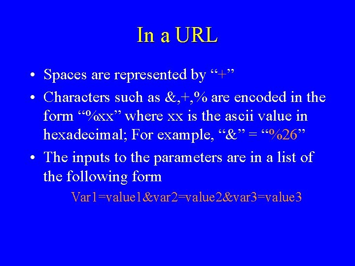 In a URL • Spaces are represented by “+” • Characters such as &,