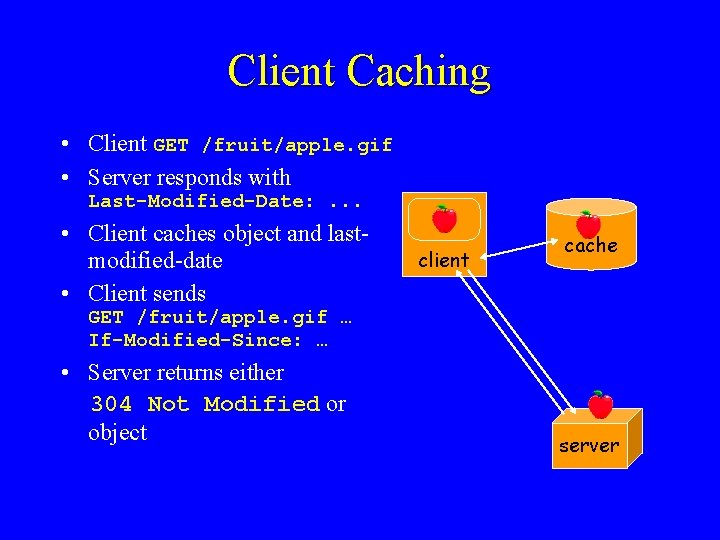 Client Caching • Client GET /fruit/apple. gif • Server responds with Last-Modified-Date: . .