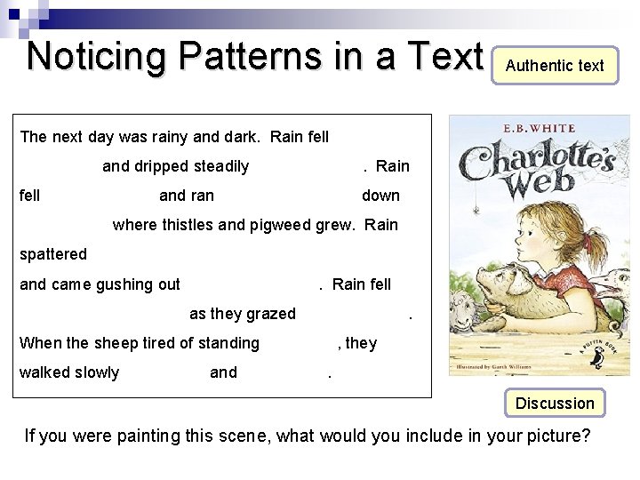 Noticing Patterns in a Text Authentic text The next day was rainy and dark.