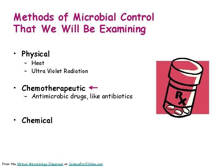 Methods of Microbial Control That We Will Be Examining • Physical – Heat –