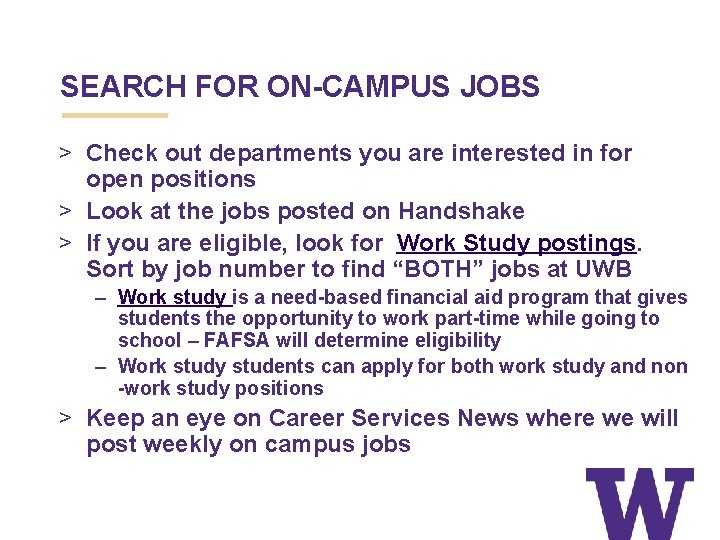 SEARCH FOR ON-CAMPUS JOBS > Check out departments you are interested in for open