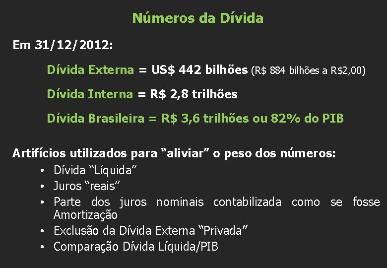 Números da Dívida Em 31/12/2012: Dívida Externa = US$ 442 bilhões (R$ 884 bilhões