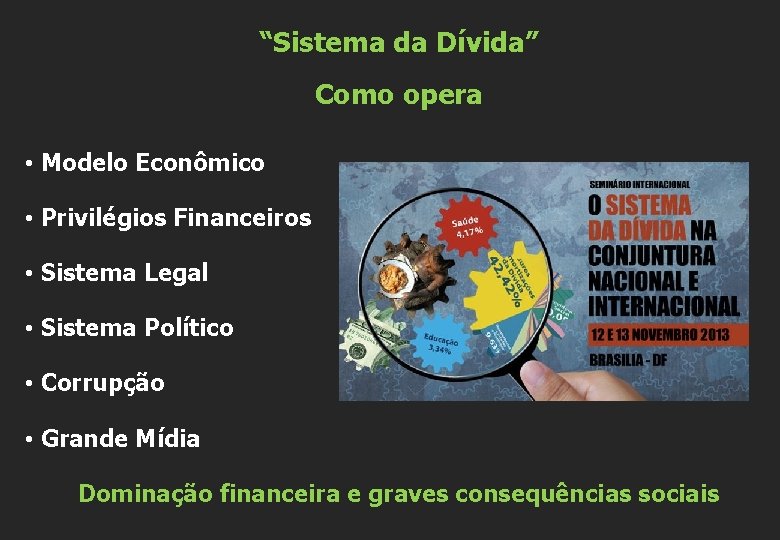 “Sistema da Dívida” Como opera • Modelo Econômico • Privilégios Financeiros • Sistema Legal