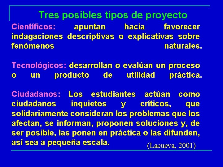 Tres posibles tipos de proyecto Científicos: apuntan hacia favorecer indagaciones descriptivas o explicativas sobre