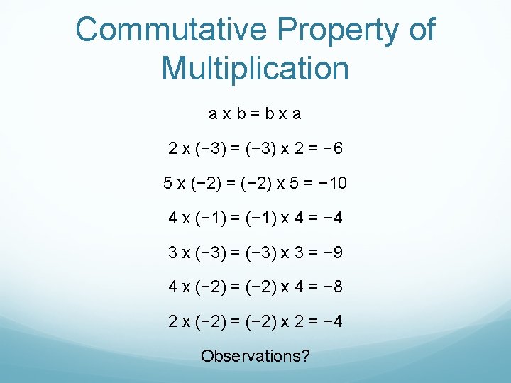 Commutative Property of Multiplication axb=bxa 2 x (− 3) = (− 3) x 2