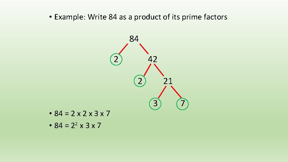  • Example: Write 84 as a product of its prime factors 84 2