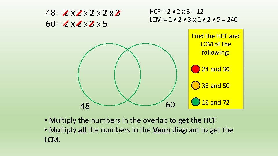 48 = 2 x 2 x 3 60 = 2 x 3 x 5