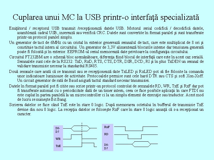 Cuplarea unui MC la USB printr-o interfaţă specializată Emiţătorul / receptorul USB transmit /recepţionează