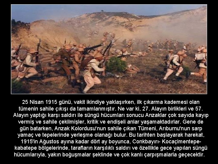 25 Nisan 1915 günü, vakit ikindiye yaklaşırken, ilk çıkarma kademesi olan tümenin sahile çıkışı