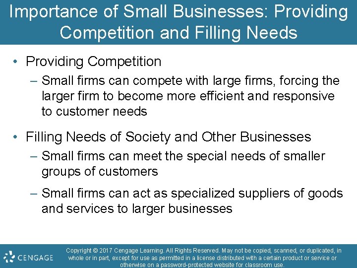 Importance of Small Businesses: Providing Competition and Filling Needs • Providing Competition – Small