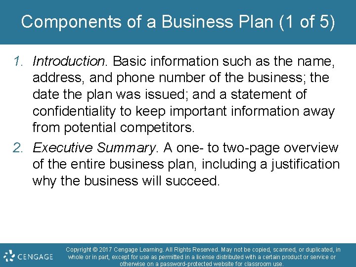 Components of a Business Plan (1 of 5) 1. Introduction. Basic information such as