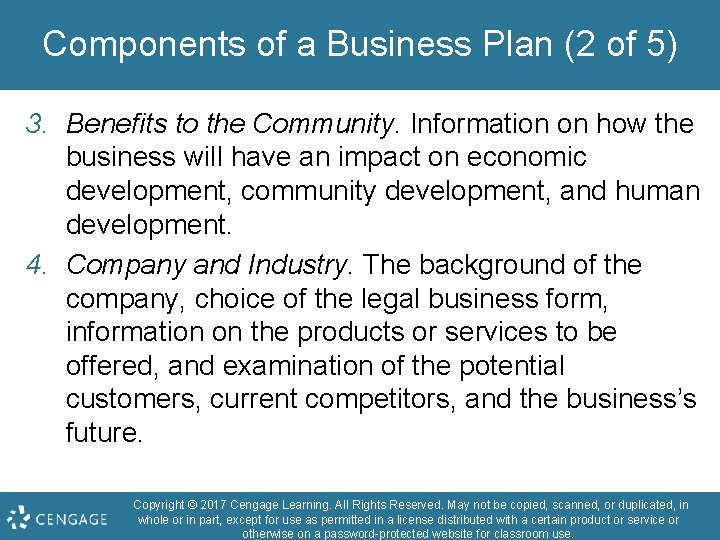 Components of a Business Plan (2 of 5) 3. Benefits to the Community. Information