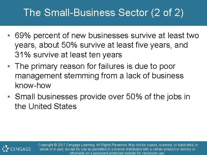 The Small-Business Sector (2 of 2) • 69% percent of new businesses survive at