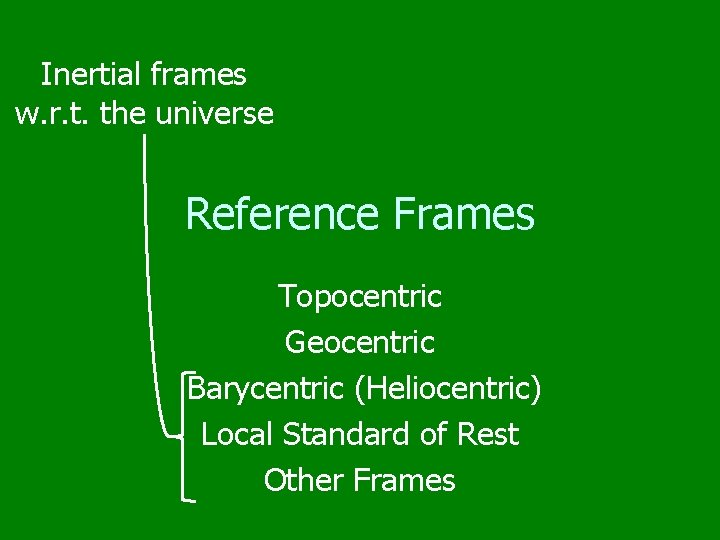 Inertial frames w. r. t. the universe Reference Frames Topocentric Geocentric Barycentric (Heliocentric) Local