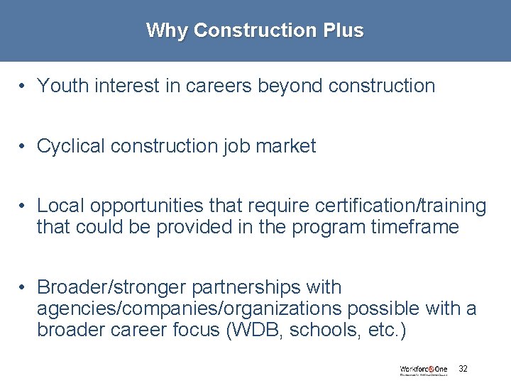 Why Construction Plus • Youth interest in careers beyond construction • Cyclical construction job