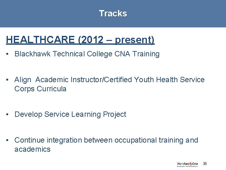 Tracks HEALTHCARE (2012 – present) • Blackhawk Technical College CNA Training • Align Academic