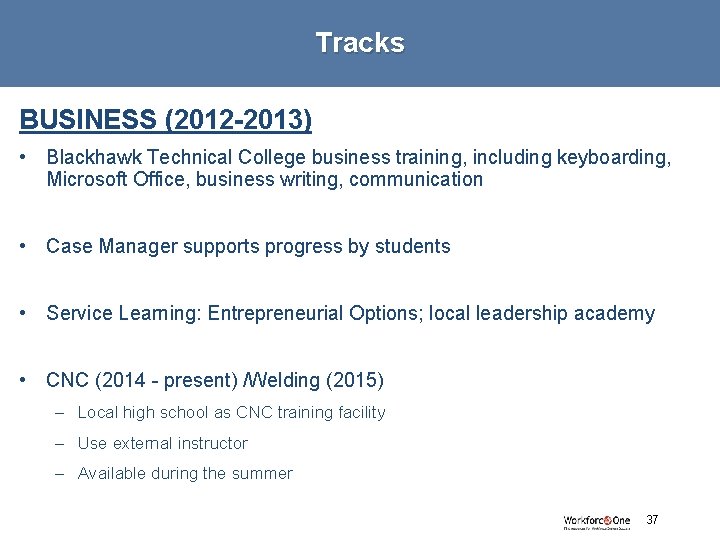 Tracks BUSINESS (2012 -2013) • Blackhawk Technical College business training, including keyboarding, Microsoft Office,