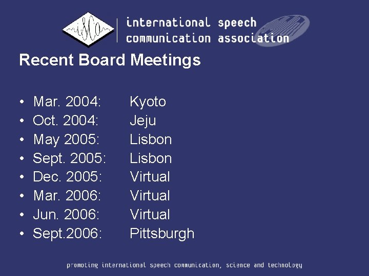 Recent Board Meetings • • Mar. 2004: Oct. 2004: May 2005: Sept. 2005: Dec.