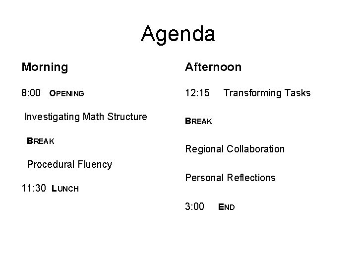 Agenda Morning Afternoon 8: 00 OPENING 12: 15 Transforming Tasks Investigating Math Structure BREAK