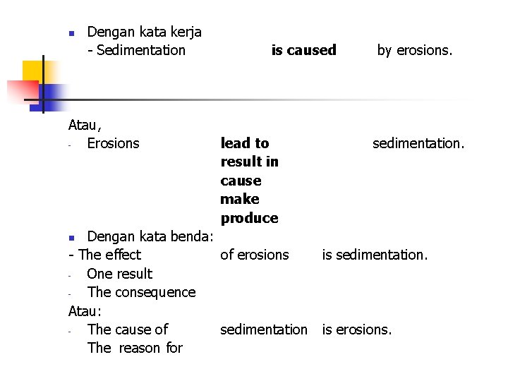 n Dengan kata kerja - Sedimentation Atau, Erosions is caused lead to result in