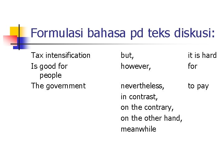 Formulasi bahasa pd teks diskusi: Tax intensification Is good for people The government but,