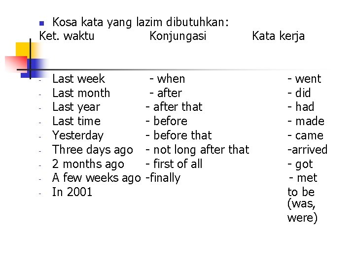 Kosa kata yang lazim dibutuhkan: Ket. waktu Konjungasi n - Last week Last month