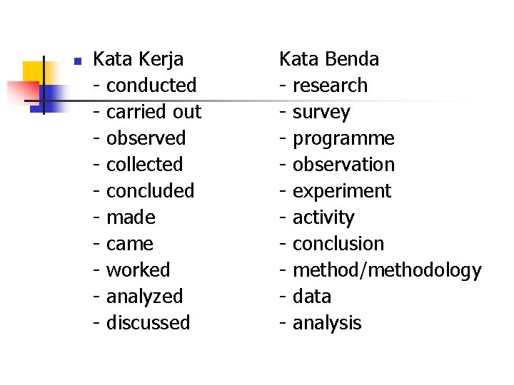 n Kata Kerja - conducted - carried out - observed - collected - concluded