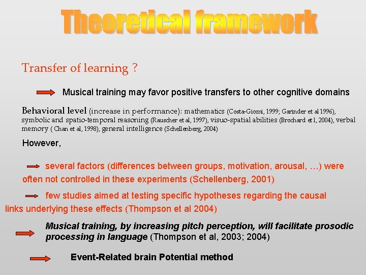 Transfer of learning ? Musical training may favor positive transfers to other cognitive domains