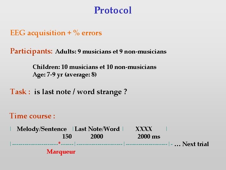 Protocol EEG acquisition + % errors Participants: Adults: 9 musicians et 9 non-musicians Children: