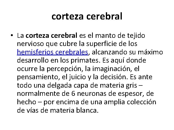 corteza cerebral • La corteza cerebral es el manto de tejido nervioso que cubre