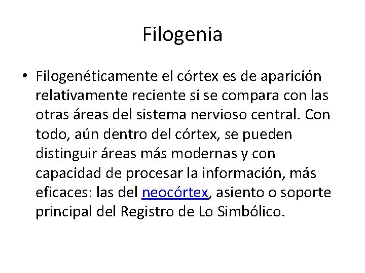 Filogenia • Filogenéticamente el córtex es de aparición relativamente reciente si se compara con