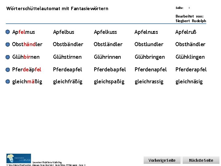 Übungsart: Wörterschüttelautomat mit Fantasiewörtern Seite: Titel: Quelle: 8 Bearbeitet von: Siegbert Rudolph Apfelmus Apfelbus