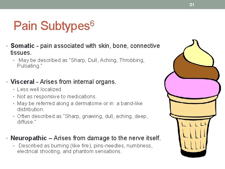 31 Pain Subtypes 6 • Somatic - pain associated with skin, bone, connective tissues.