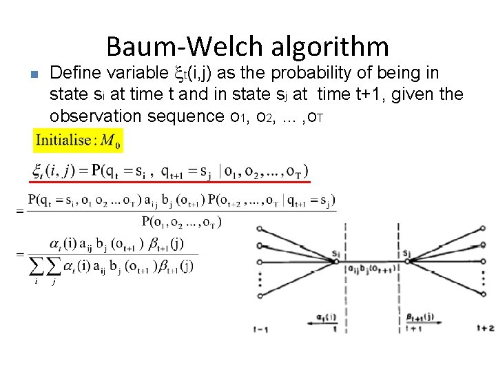 Baum-Welch algorithm n Define variable t(i, j) as the probability of being in state