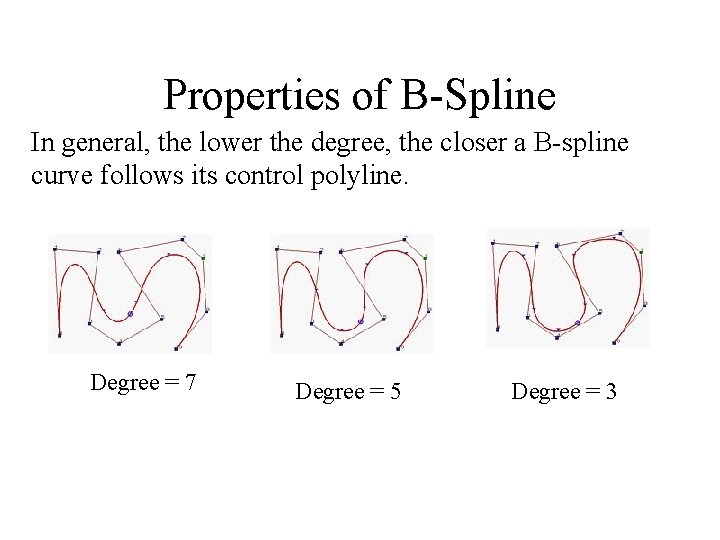 Properties of B-Spline In general, the lower the degree, the closer a B-spline curve