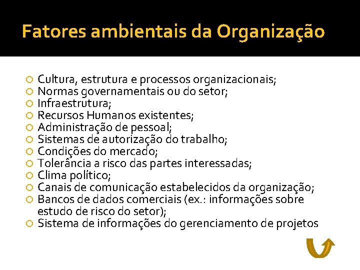 Fatores ambientais da Organização Cultura, estrutura e processos organizacionais; Normas governamentais ou do setor;